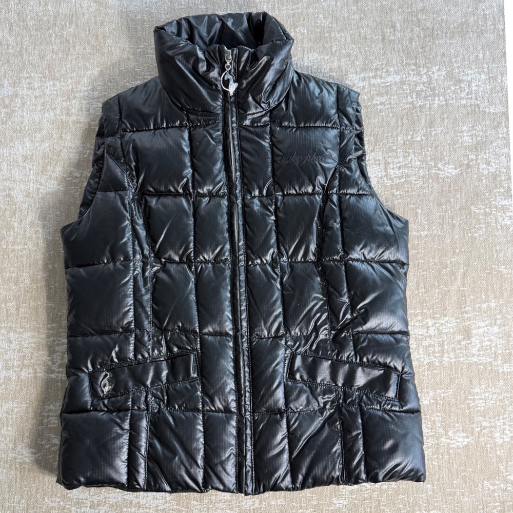 Vintage Y2K Puffer Vest Baby Phat Embroidered Cat Logo Glossy Black Medium